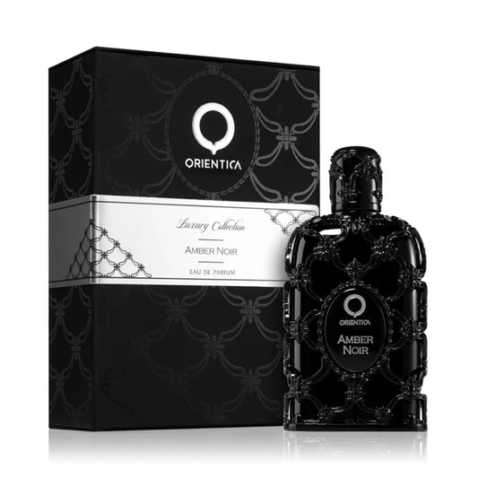 Amber Noir de Orientica: frasco y caja del perfume de 80 ml.
