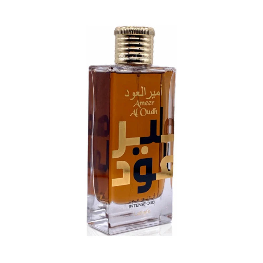Ameer Al Oudh Intense Oud de Lattafa, fragancia oriental con oud, vainilla y maderas nobles. Ideal para quienes buscan un aroma profundo y elegante.