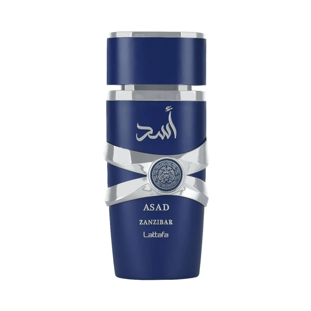 Asad Zanzibar de Lattafa, perfume árabe aromático ambarado de carácter elegante, cálido y envolvente