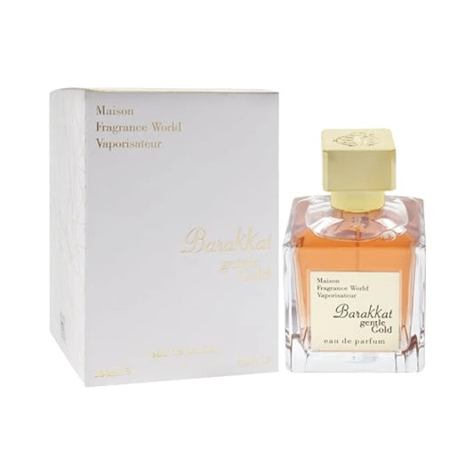 Barakkat Gentle Gold de Fragrance World: frasco y caja del perfume de 100 ml.