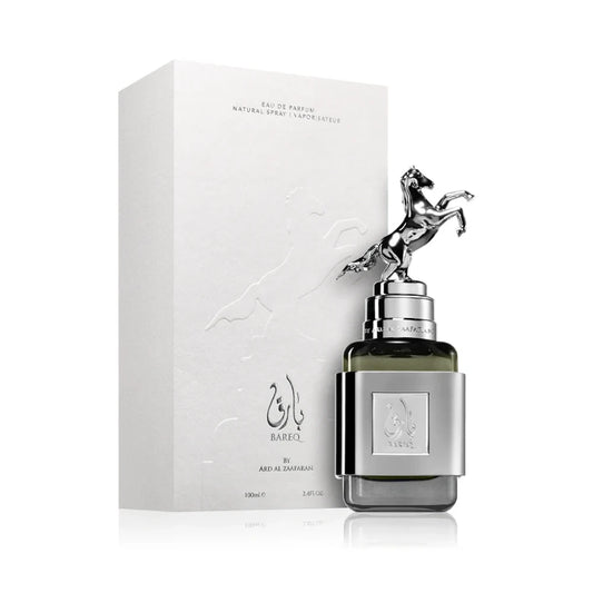 Bareq de Ard Al Zaafaran: frasco y caja del perfume de 100 ml.