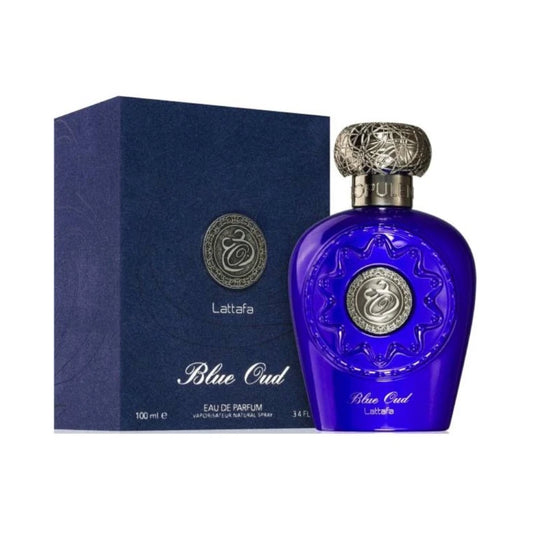 Blue Oud de Lattafa: frasco y caja del perfume de 100 ml.