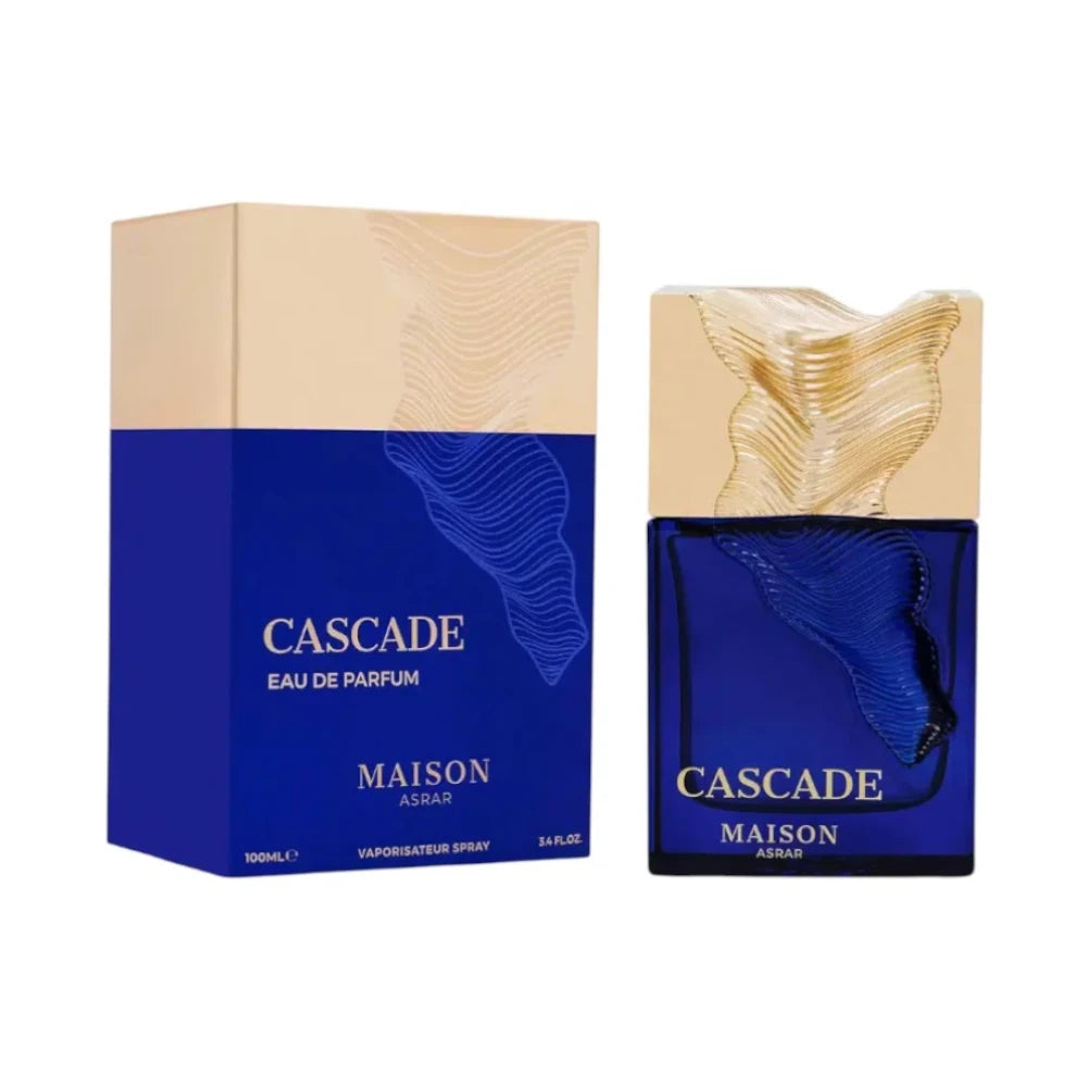 Cascade de Maison Asrar: frasco y caja del perfume de 100 ml.