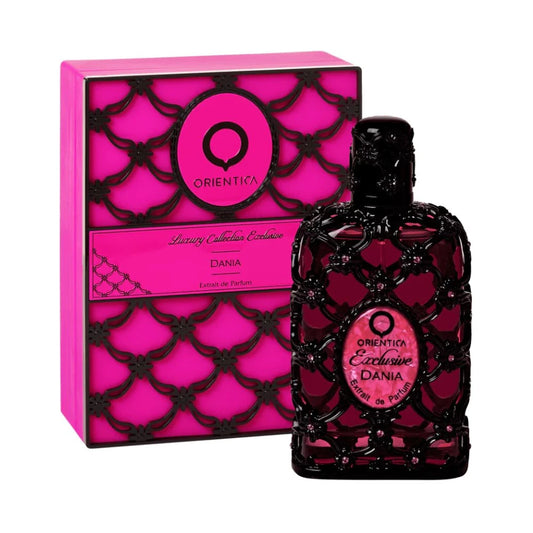 Dania de Orientica: frasco y caja del perfume de 80 ml.