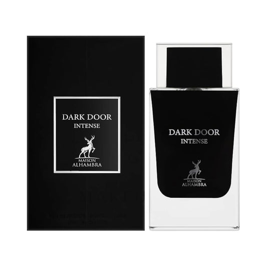 Dark Door Intense de Maison Alhambra: frasco y caja del perfume de 100 ml.
