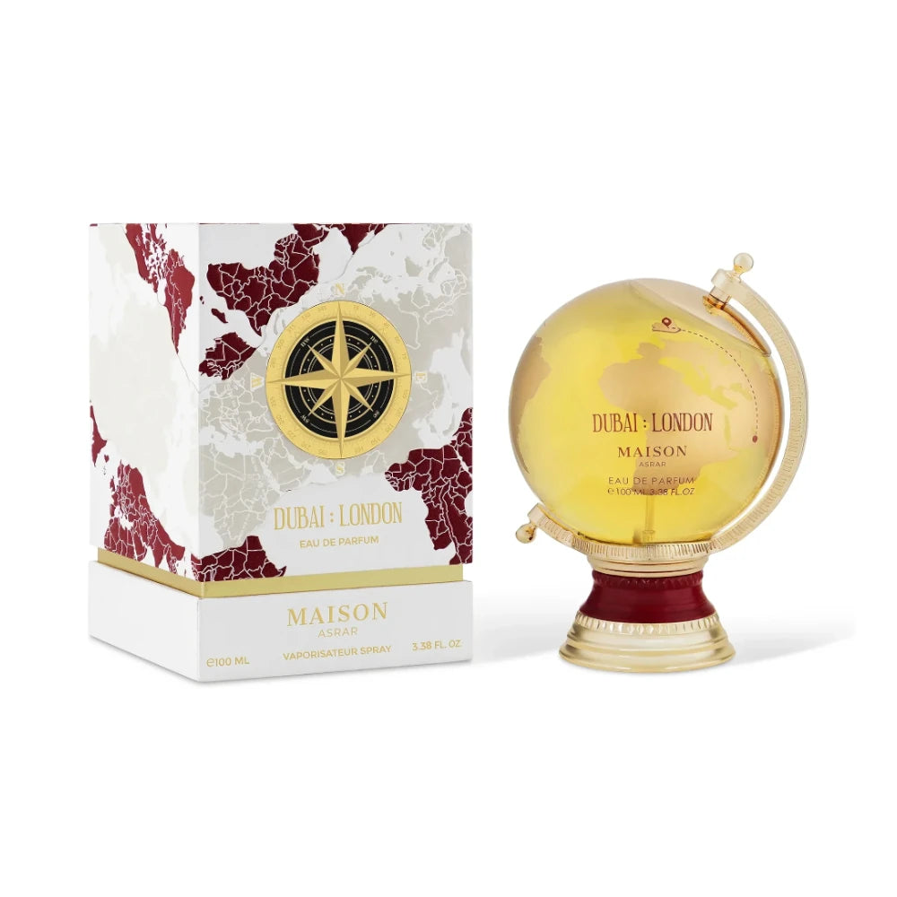 Dubai London de Maison Asrar: frasco y caja del perfume de 100 ml.