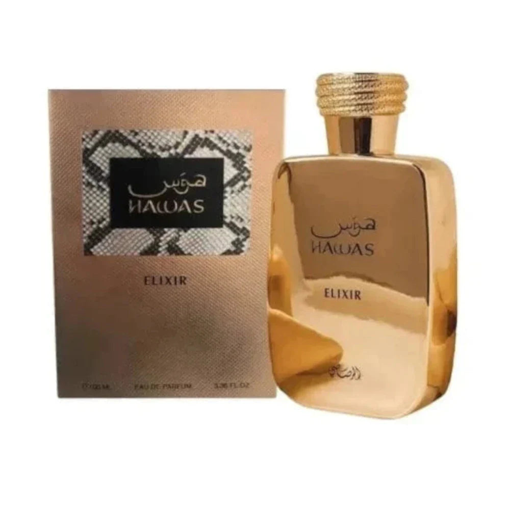 Perfume Hawas Elixir de Rasasi, frasco de 100 ml, fragancia ámbarado especiado con menta, chocolate oscuro, benjuí y vainilla.