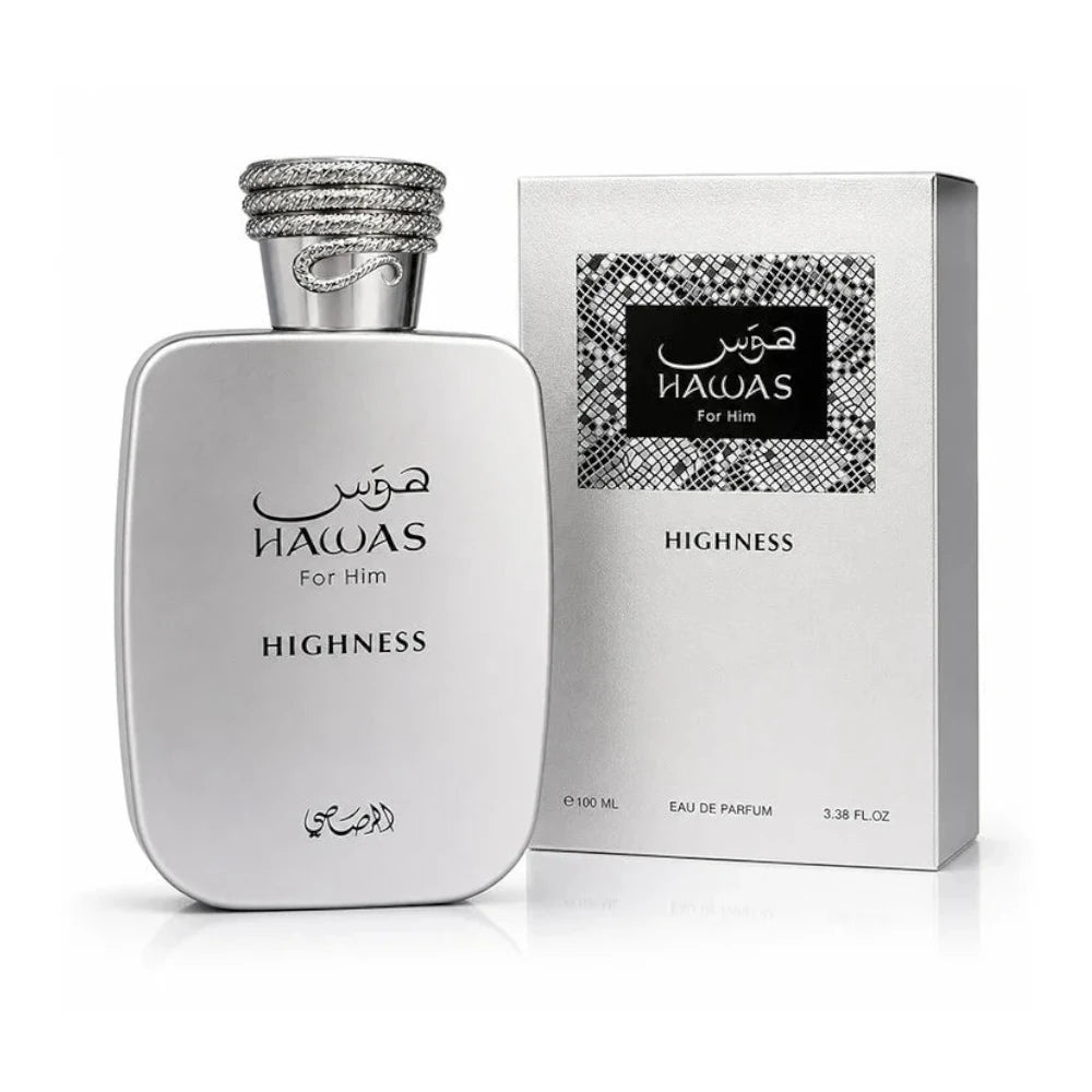 Hawas Highness For Him de Rasasi, fragancia ambarada floral con cítricos, violeta y cedro. Elegante.
