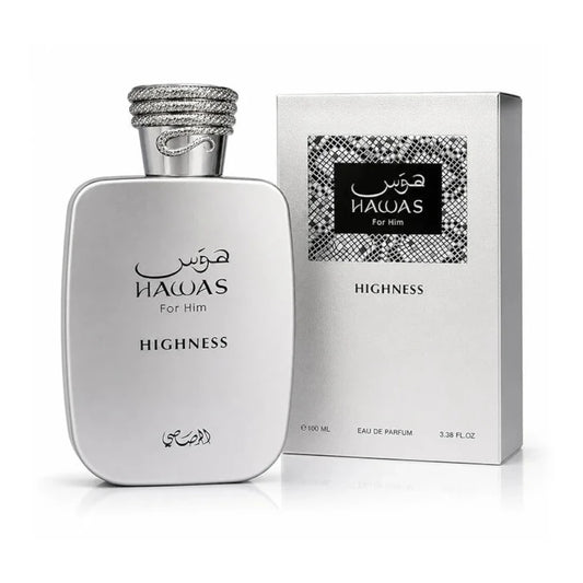 Hawas Highness For Him de Rasasi, fragancia ambarada floral con cítricos, violeta y cedro. Elegante.