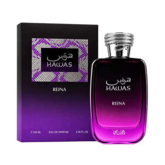 Hawas Reina de Rasasi, fragancia ambarada vainilla con albaricoque, jazmín y vainilla. Dulce.