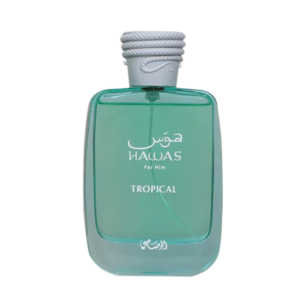 Hawas Tropical For Him de Rasasi, fragancia aromática verde con coco, higo y sándalo. Tropical.