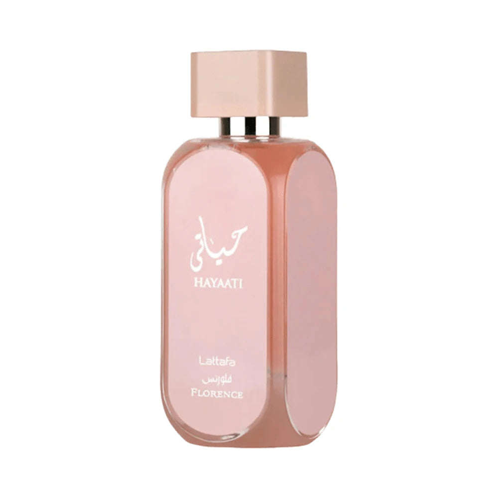 Hayaati Florence de Lattafa, perfume árabe floral frutal gourmand de carácter femenino, luminoso y dulce