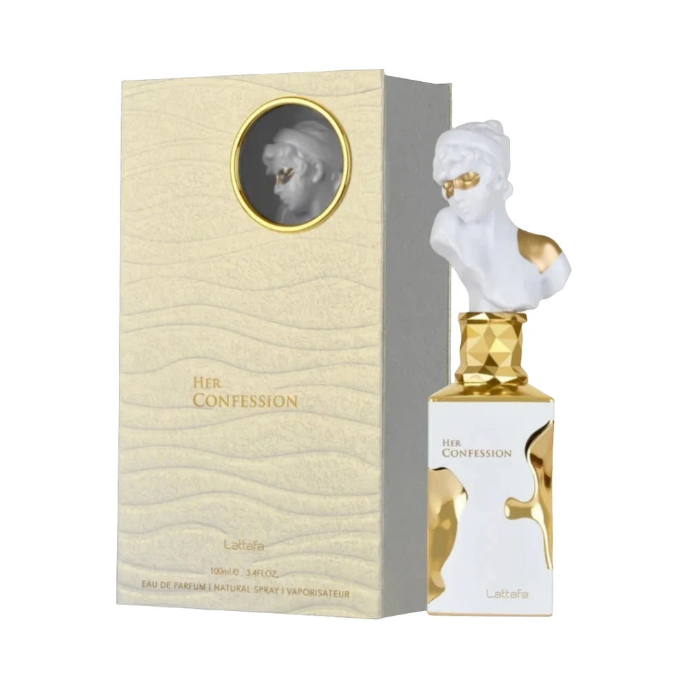Her Confession de Lattafa, perfume árabe floral gourmand de carácter cálido, envolvente y dulce