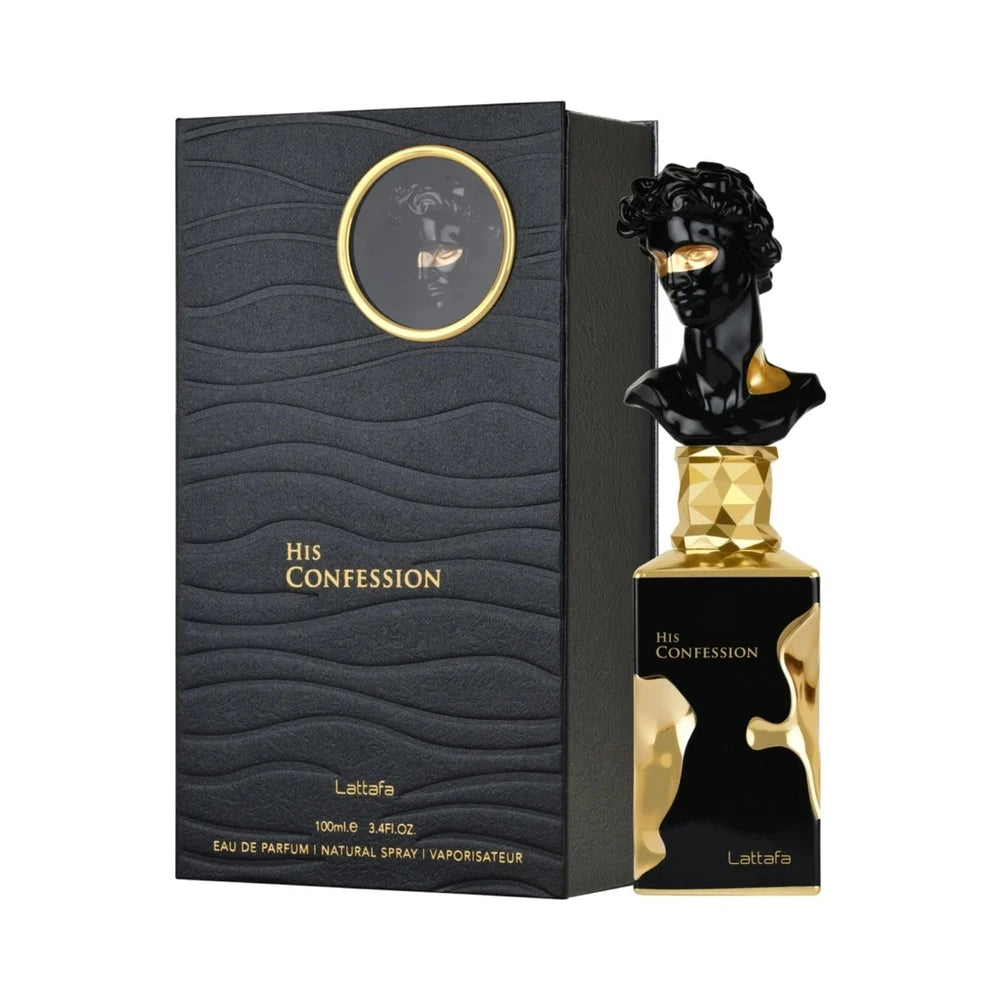 His Confession de Lattafa, perfume árabe ambarado amaderado especiado de carácter elegante, cálido y envolvente