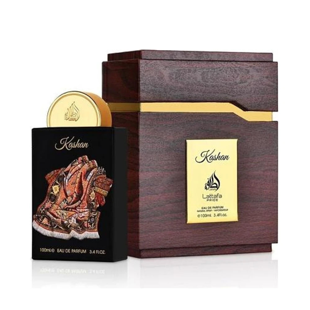 Kashan de Lattafa Pride: frasco y caja del perfume de 100 ml.