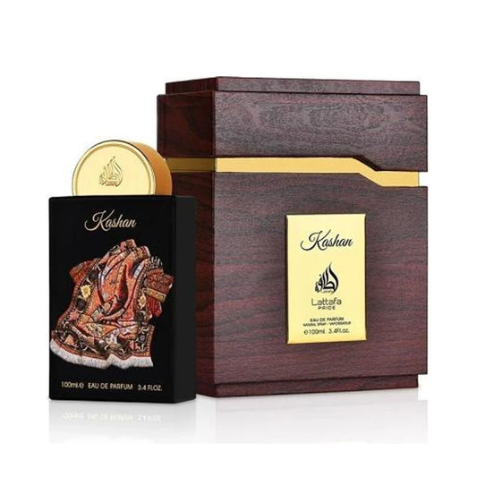 Kashan de Lattafa Pride: frasco y caja del perfume de 100 ml.