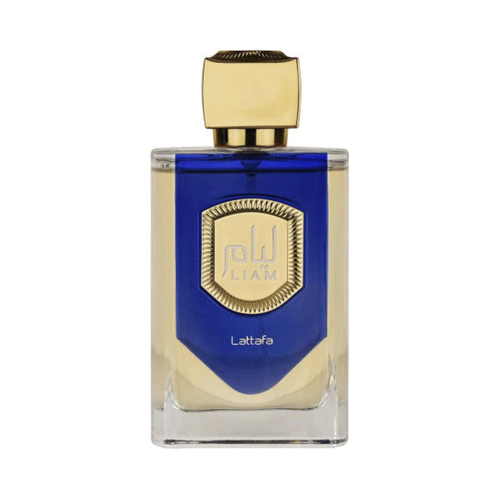 Liam Blue de Lattafa, perfume árabe ambarado amaderado especiado de carácter elegante, sofisticado y fresco