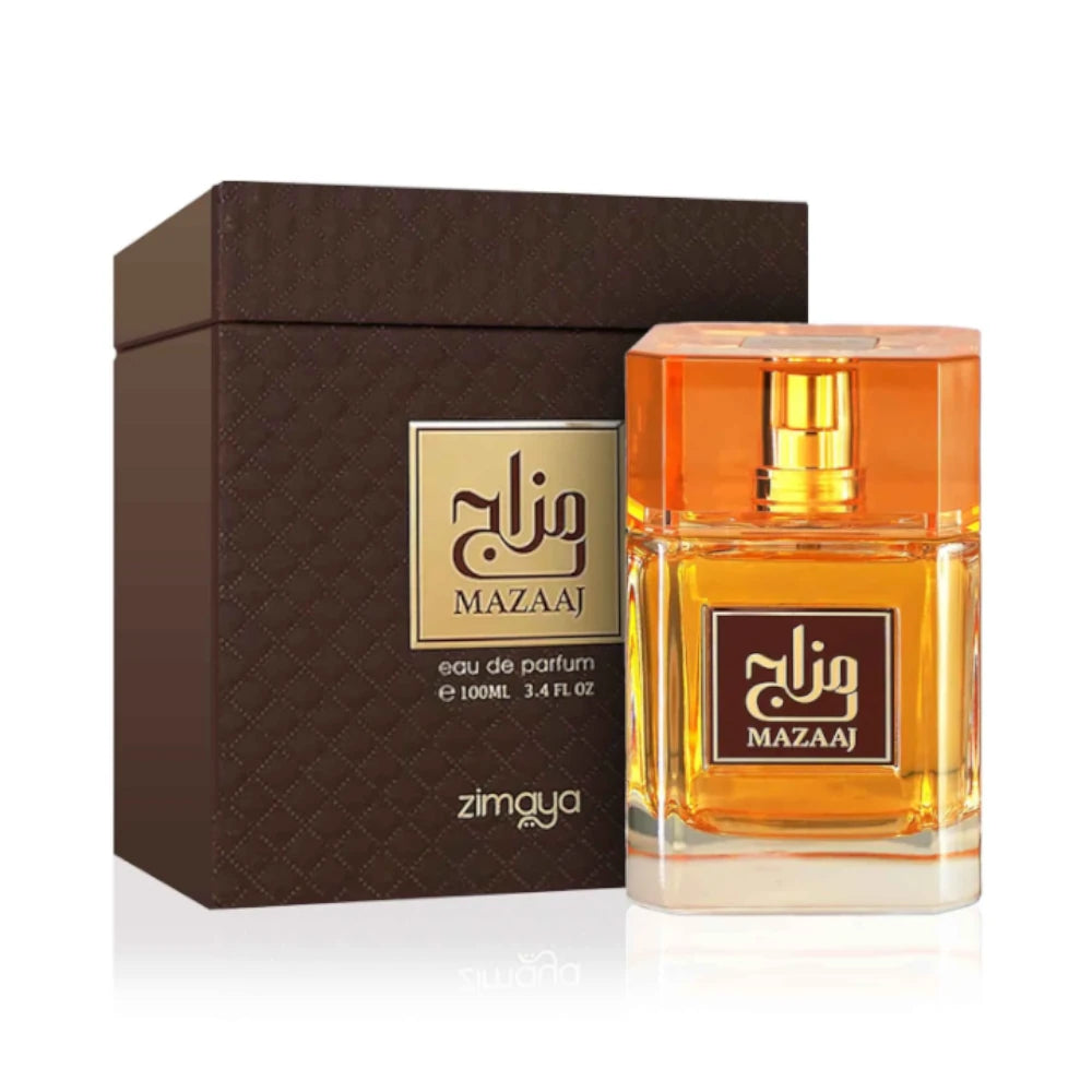 Mazaaj de Zimaya, fragancia ambarada amaderada con caramelo, canela y roble. Cálida y elegante.