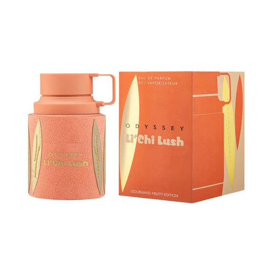 Odyssey Li'chi Lush de Armaf: frasco y caja del perfume de 100 ml.