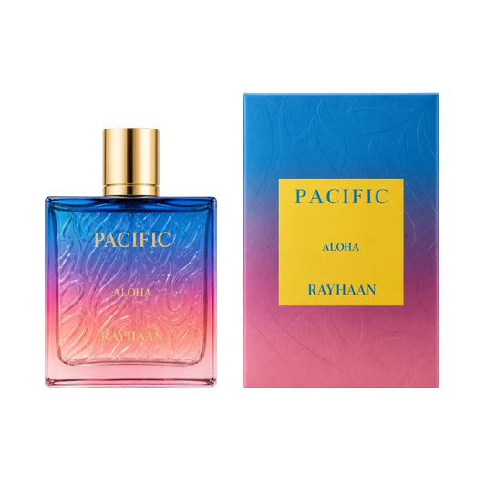 Pacific Aloha de Rayhaan, fragancia aromática frutal con melón, coco y cacao. Tropical y fresca.