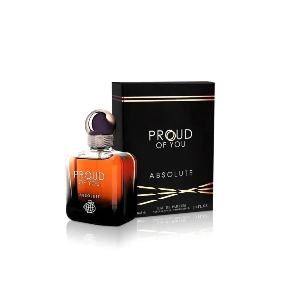 Proud Of You Absolute de Fragrance World, perfume árabe ambarado vainilla de carácter elegante, cálido y luminoso