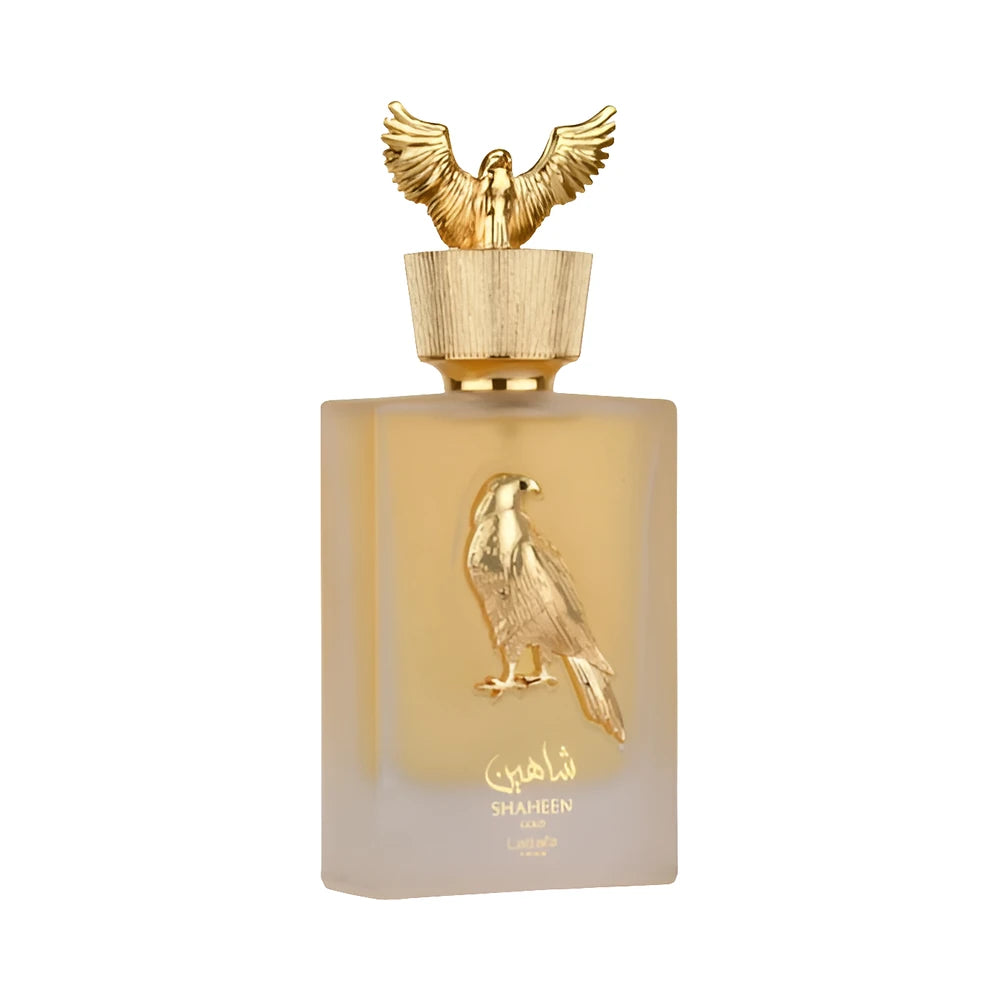 Shaheen Gold de Lattafa, perfume árabe amaderado aromático de carácter elegante, cálido y dulce