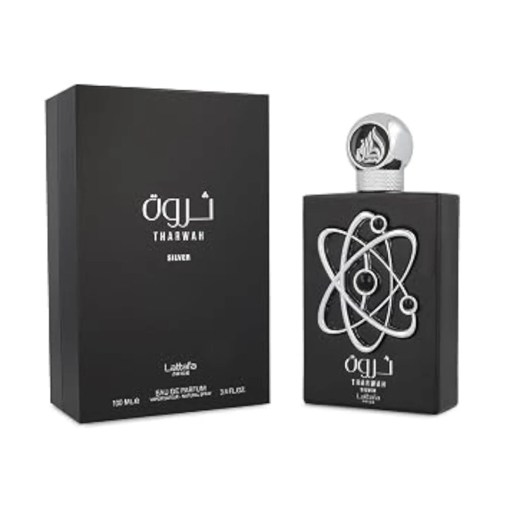 Tharwah Silver de Lattafa Pride: frasco y caja del perfume de 100 ml.