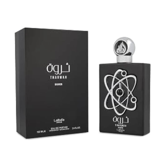 Tharwah Silver de Lattafa Pride: frasco y caja del perfume de 100 ml.