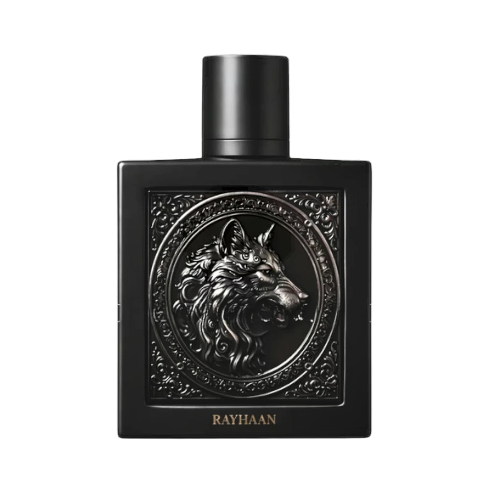 Wolf de Rayhaan, fragancia ambarada amaderada con cardamomo, toffee y amberwood. Cálida y magnética.