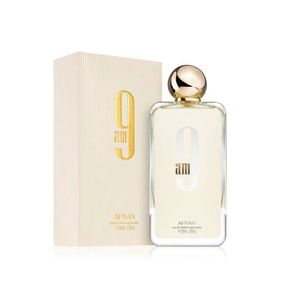 9AM de Afnan: frasco y caja del perfume de 100 ml.