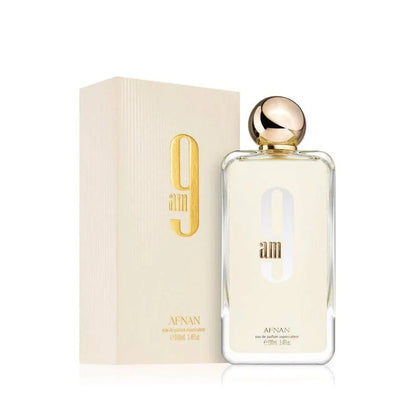 9AM de Afnan: frasco y caja del perfume de 100 ml.