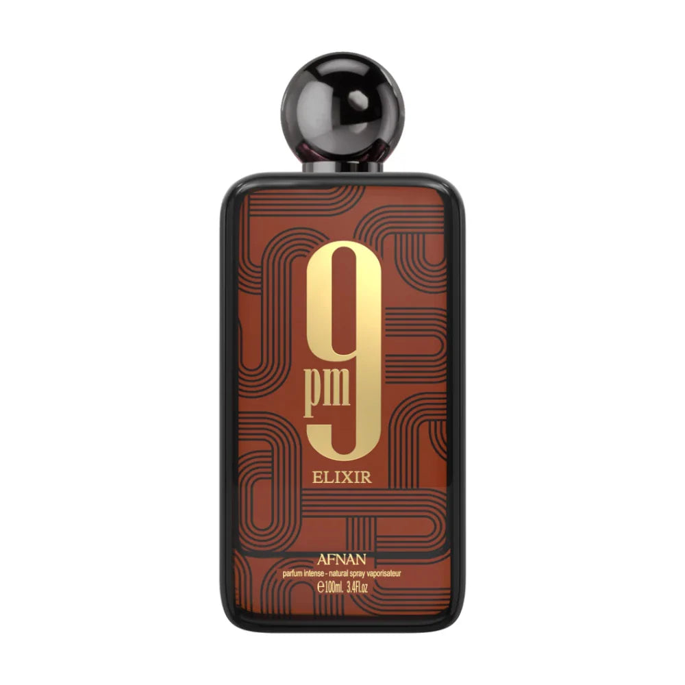 9PM Elixir de Afnan, perfume especiado ambarado con cardamomo, cuero y vainilla, elegante e intenso.