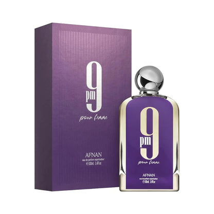 9PM Pour Femme de Afnan: frasco y caja del perfume de 100 ml.