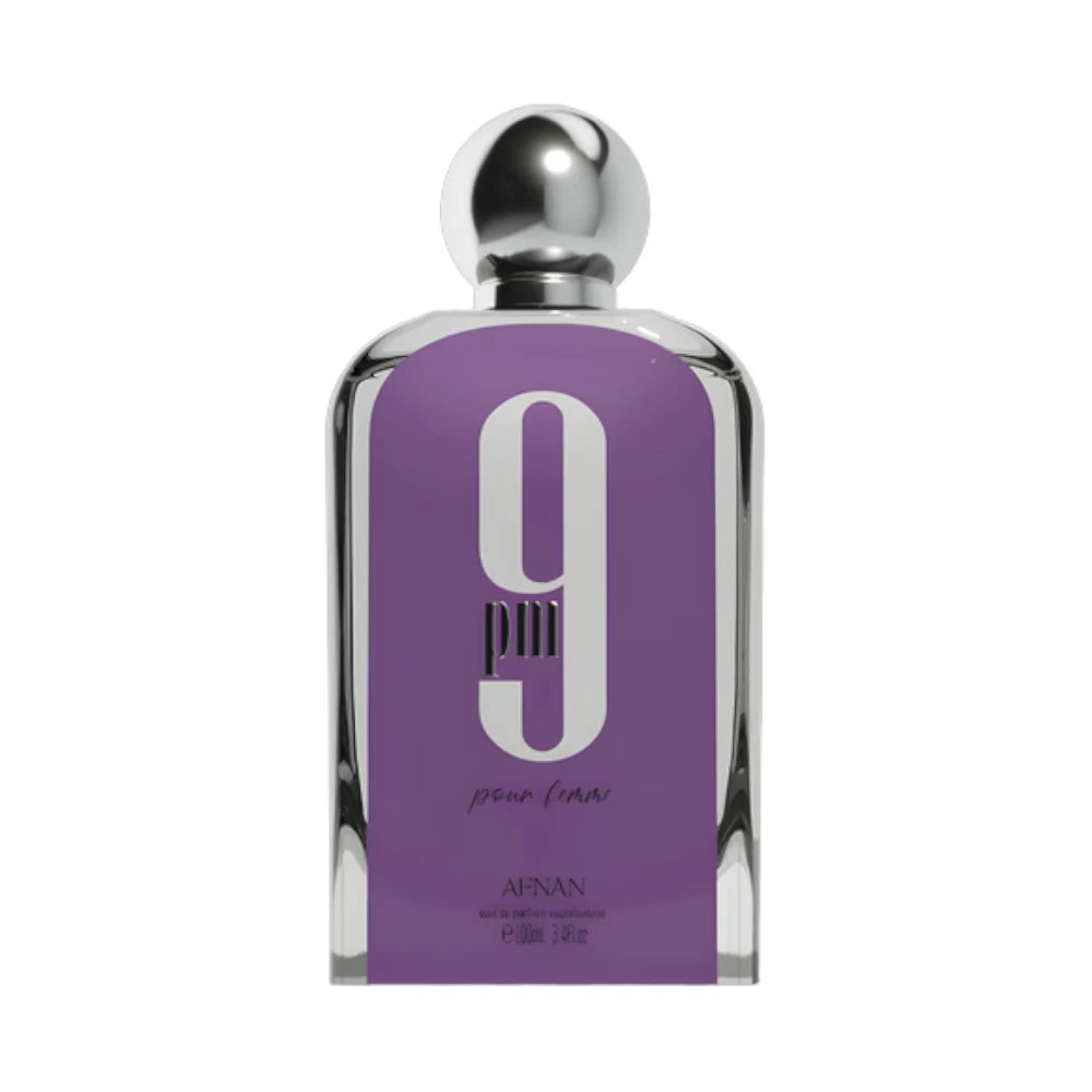9PM Pour Femme de Afnan, fragancia oriental floral con frambuesa, violeta, rosa y cedro