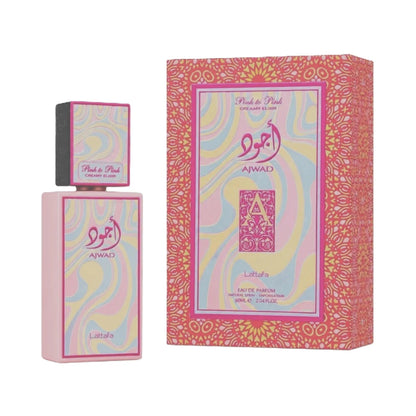 Ajwad Pink to Pink Creamy Elixir de Lattafa, gourmand frutal con frambuesa, chocolate blanco y vainilla.
