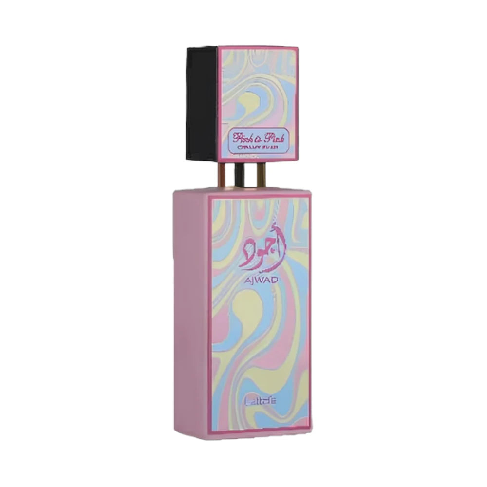 Ajwad Pink to Pink Creamy Elixir de Lattafa, gourmand frutal con frambuesa, chocolate blanco y vainilla.
