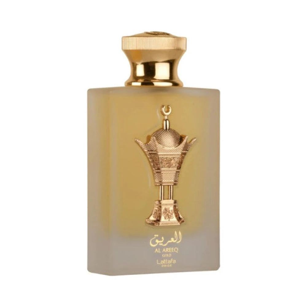 Al Areeq Gold de Lattafa, perfume árabe ambarado cuero de carácter intenso, elegante y cálido