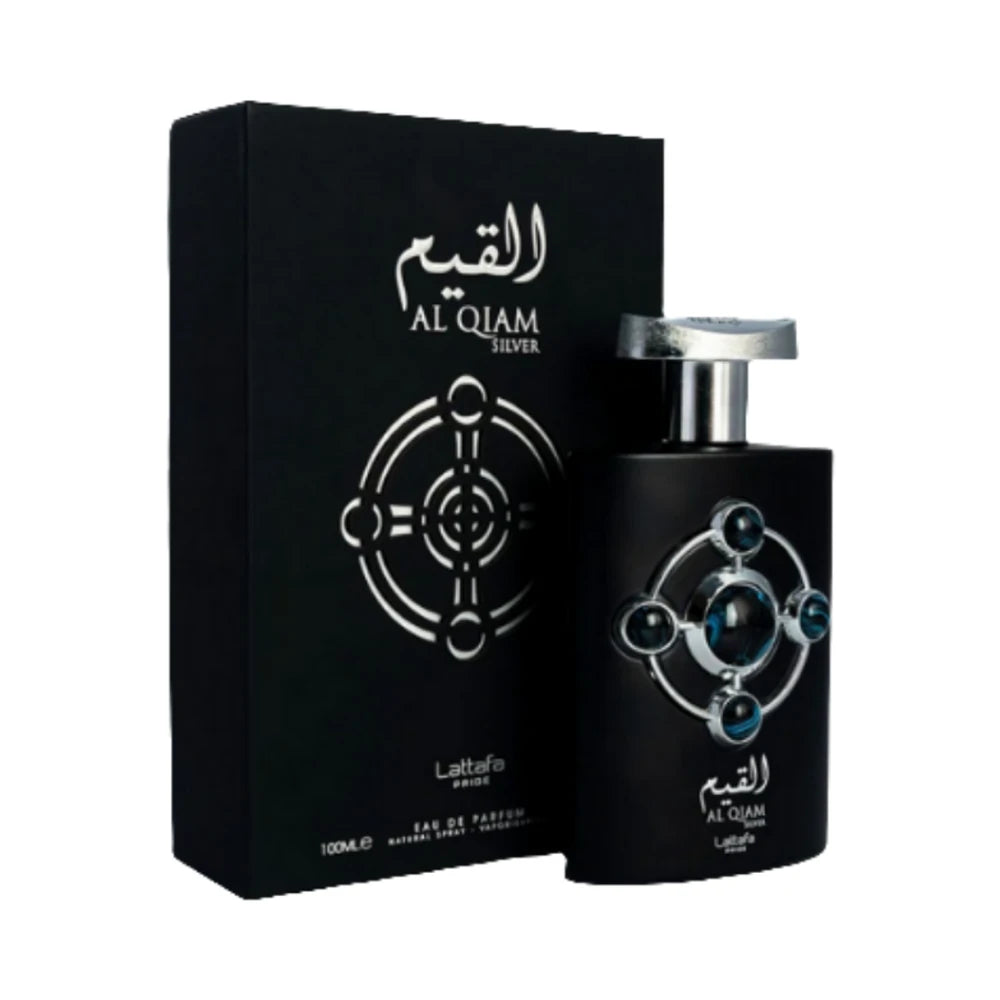 Al Qiam Silver de Lattafa, perfume árabe ambarado amaderado especiado de carácter elegante, cálido y especiado