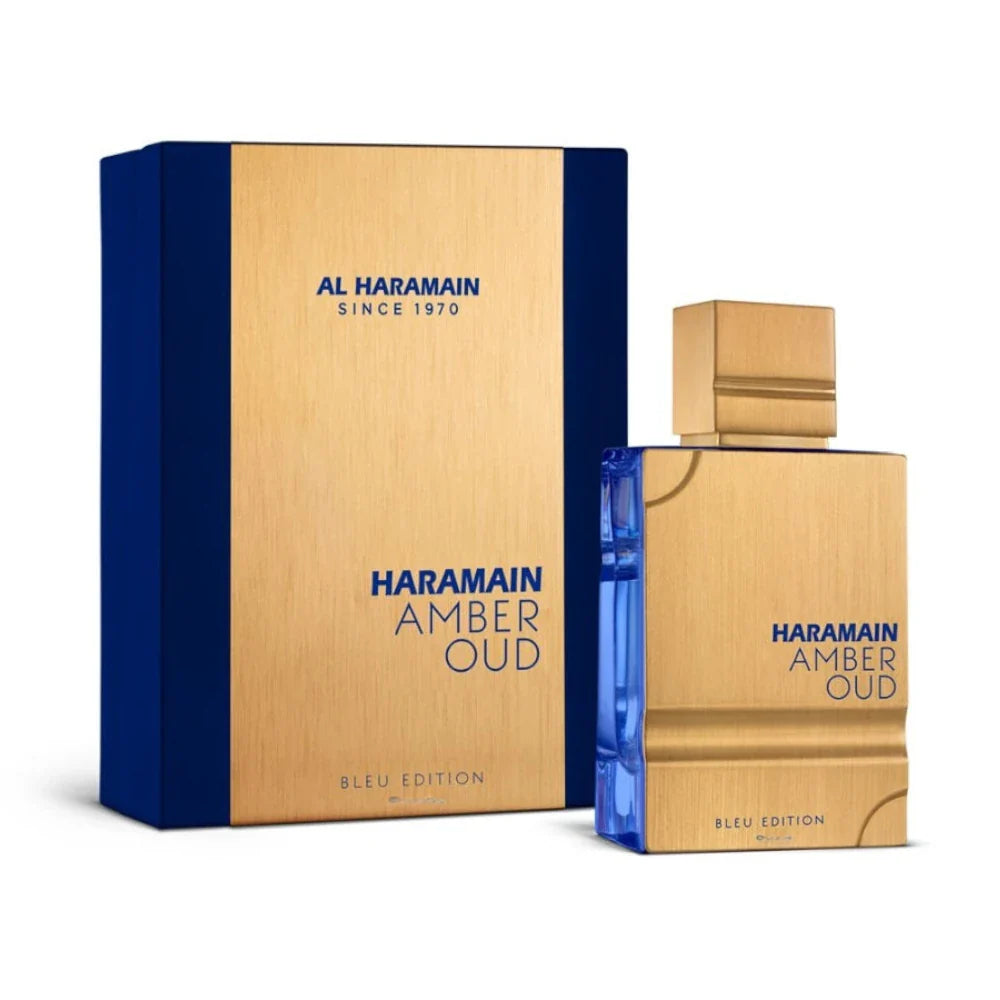 Amber Oud Bleu Edition de Al Haramain, fragancia cítrica y amaderada con menta, jazmín e incienso. Una propuesta elegante, fresca y con carácter moderno.