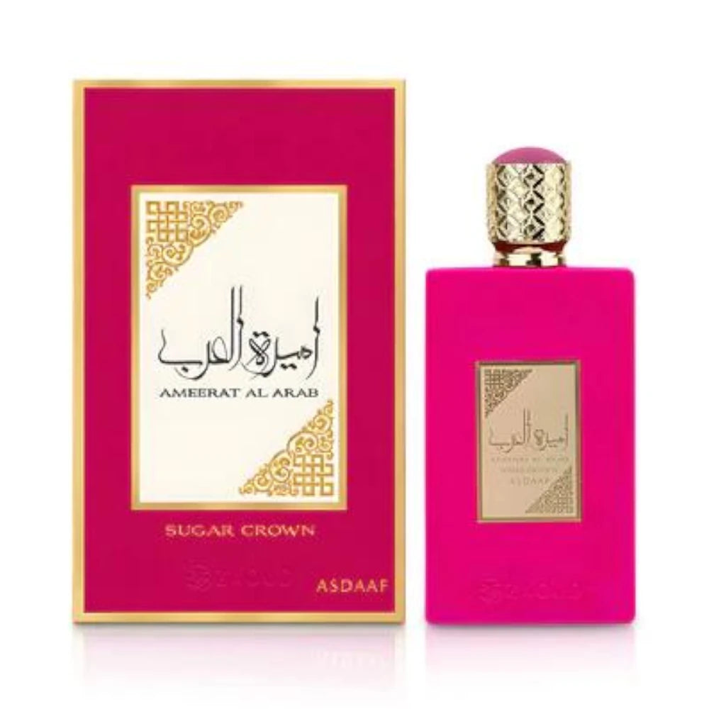 Ameerat Al Arab Sugar Crown de Asdaaf: frasco y caja del perfume de 100 ml.