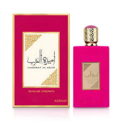 Ameerat Al Arab Sugar Crown de Asdaaf: frasco y caja del perfume de 100 ml.