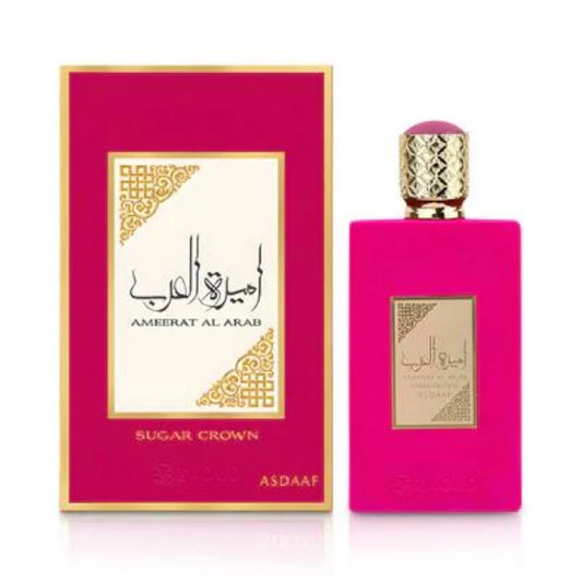 Ameerat Al Arab Sugar Crown de Asdaaf: frasco y caja del perfume de 100 ml.