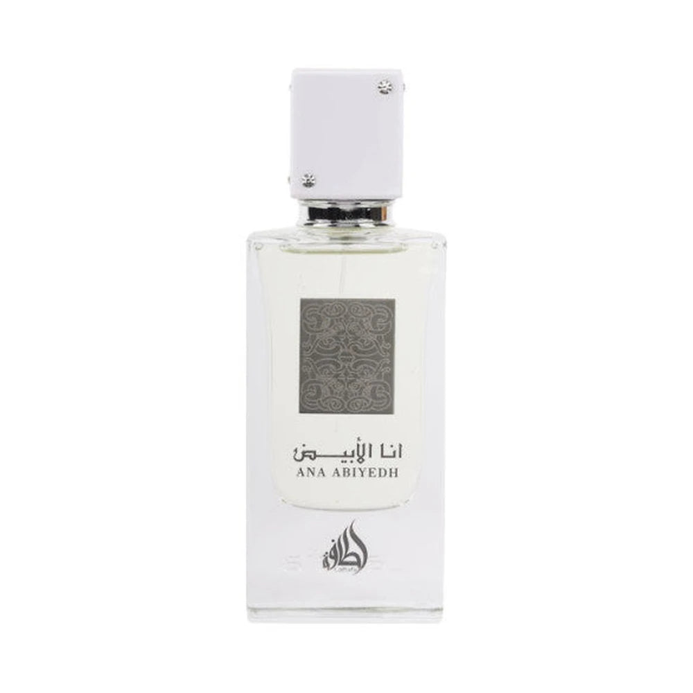 Ana Abiyedh White de Lattafa, perfume árabe ambarado vainilla de carácter cálido, envolvente y luminoso