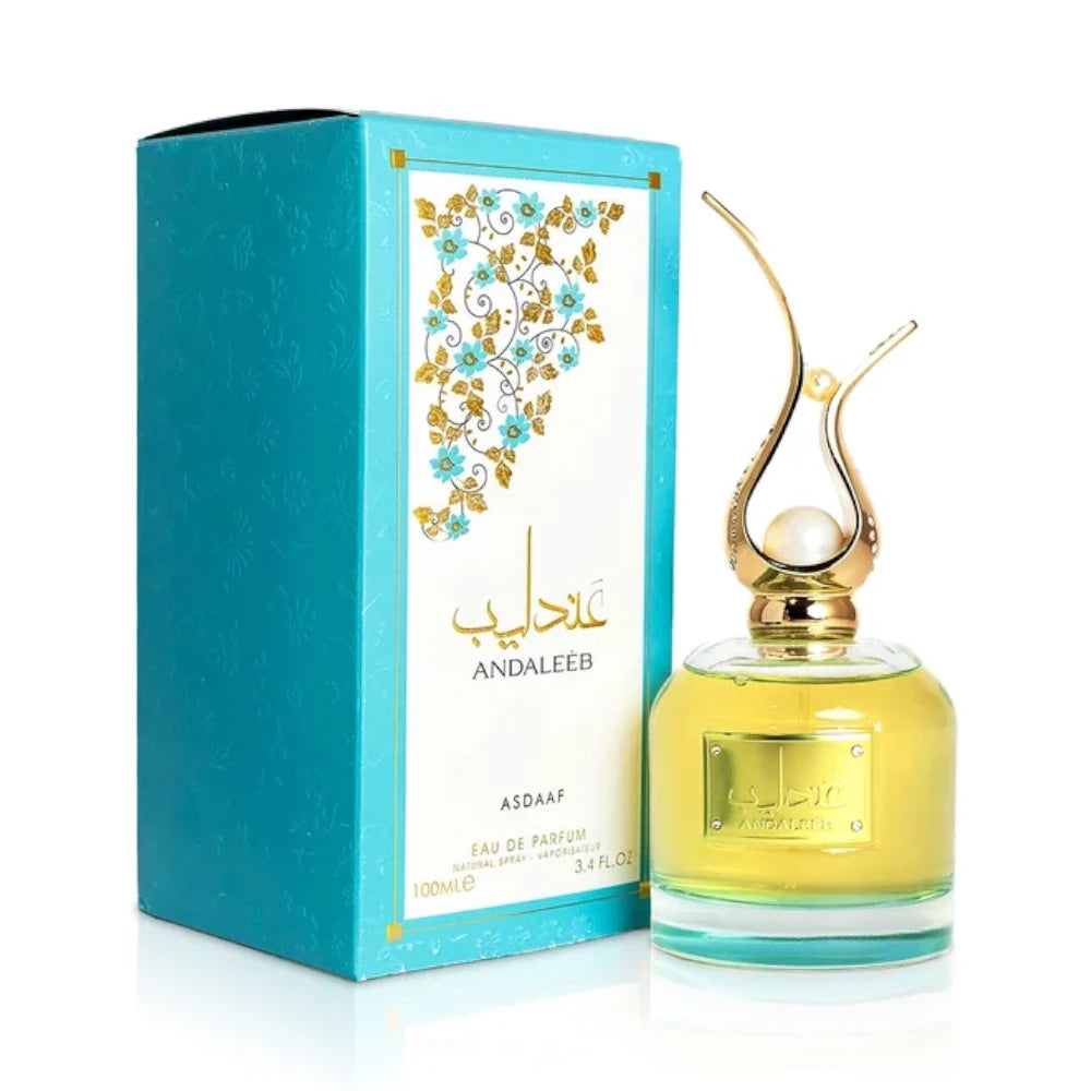 Andaleeb de Asdaaf, perfume chipre floral unisex con naranja, bergamota, jazmín, rosa, pachulí, sándalo y vetiver. Frasco y caja