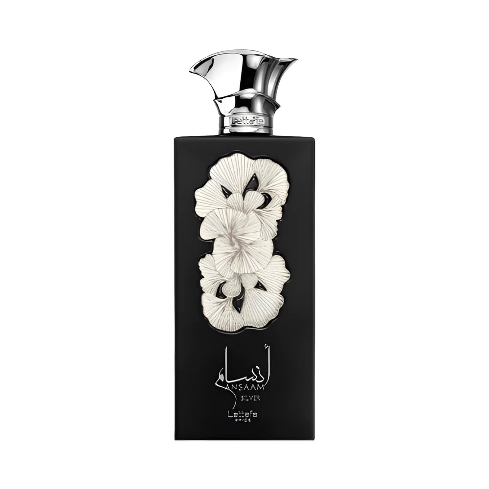 Ansaam Silver de Lattafa, perfume árabe ambarado amaderado especiado de carácter elegante, cálido y luminoso