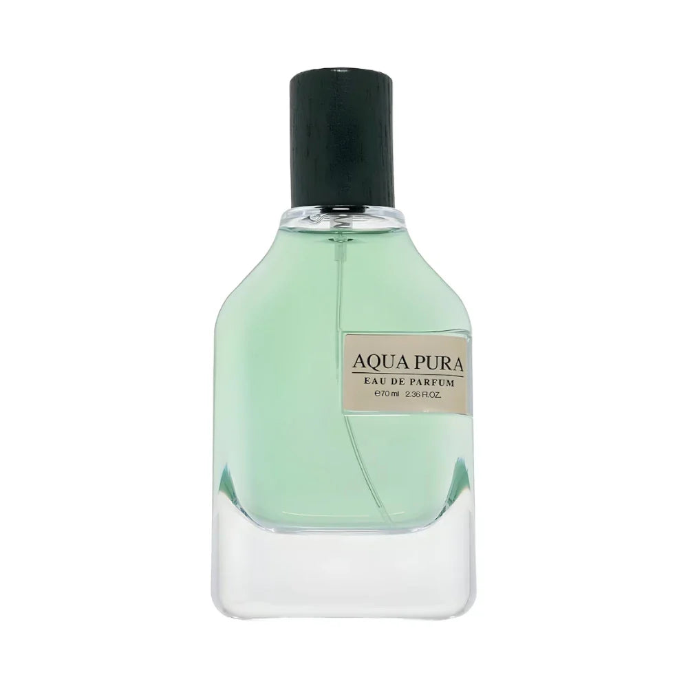 Aqua Pura de Fragrance World, fragancia acuática cítrica con bergamota, limón, notas marinas y almizcle. Fresca y vibrante.
