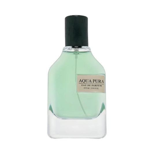Aqua Pura de Fragrance World, fragancia acuática cítrica con bergamota, limón, notas marinas y almizcle. Fresca y vibrante.