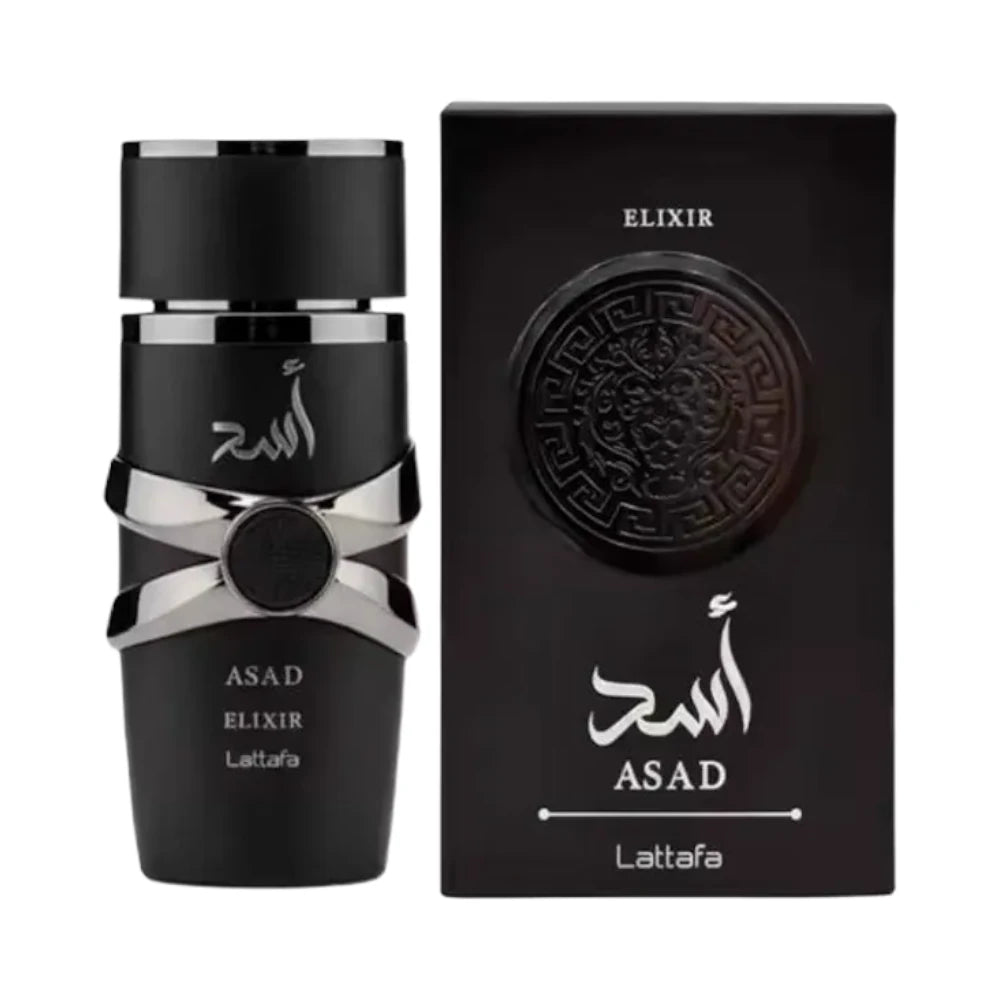Asad Elixir de Lattafa, fragancia ambarada especiada con azafrán, tabaco y ámbar seco. Profunda.