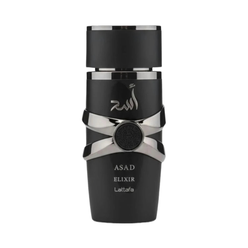 Asad Elixir de Lattafa, fragancia ambarada especiada con azafrán, tabaco y ámbar seco. Profunda.