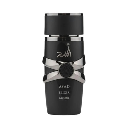 Asad Elixir de Lattafa, fragancia ambarada especiada con azafrán, tabaco y ámbar seco. Profunda.